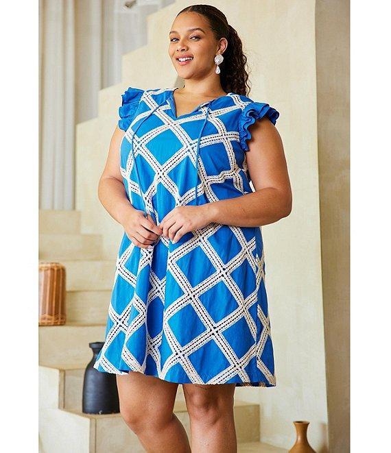 Skies Are Blue Plus Size Macrame Embroidered Pattern Sleeve Mini Dress Product Image