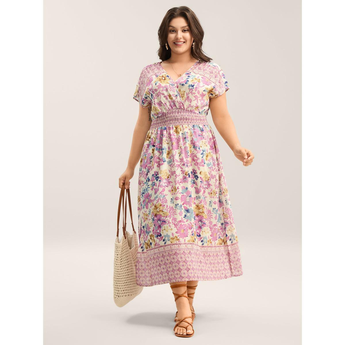 Plus Size Floral Shirred Waist Slit Midi Dress Lilac Women Overlap Collar Short sleeve Curvy BloomChic 22-24/3X Product Image