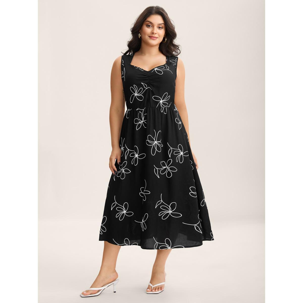 Plus Size Rayon Floral Stretchy Waist Midi Dress BlackFlower Women Heart neckline Sleeveless Curvy BloomChic 26/4X Product Image