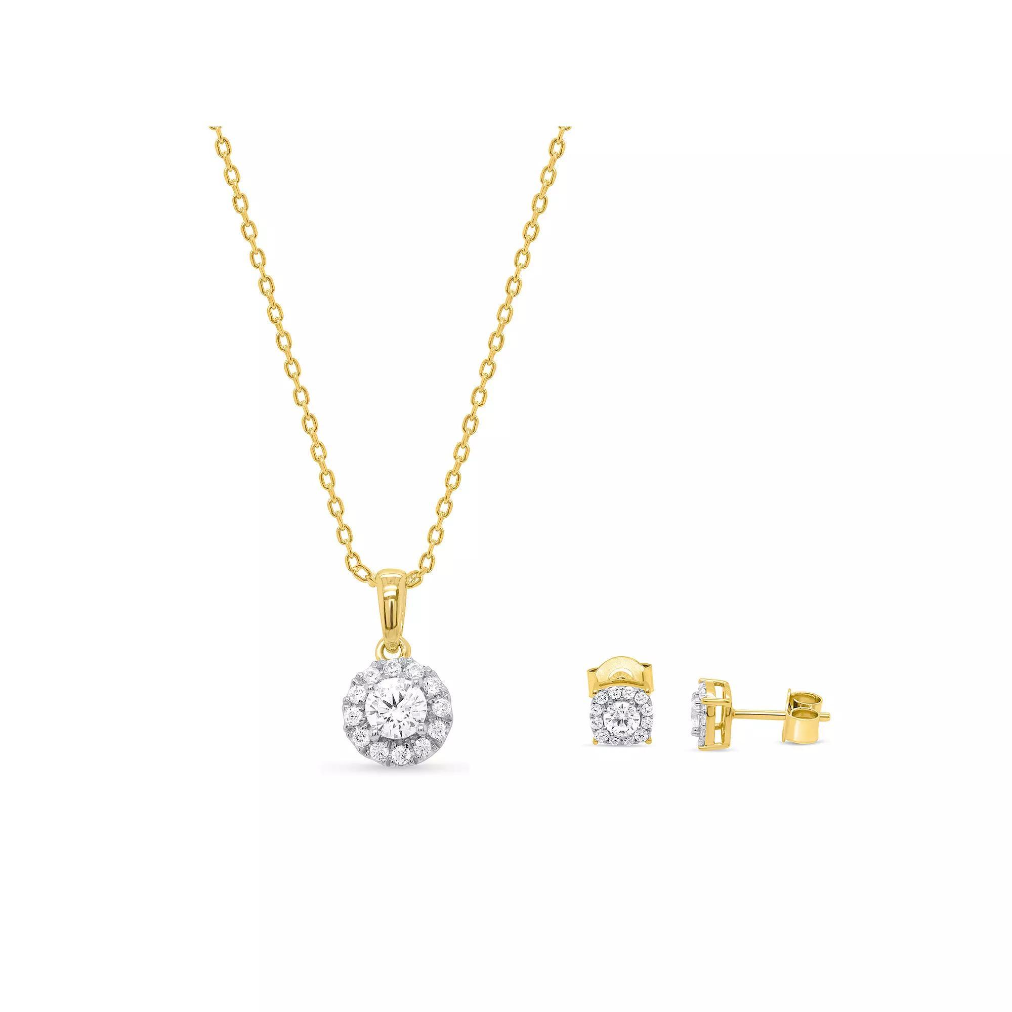 Ethique 1 Carat T.W. Lab-Grown Diamond Halo Pendant Necklace & Stud Earring Set, Women's, Size: 18", Gold Tone Product Image