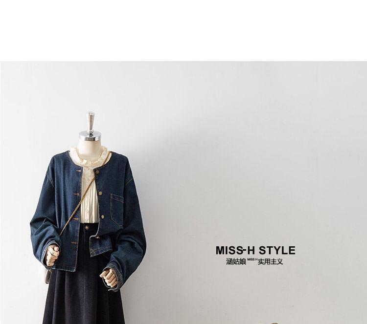 3/4 Sleeve Round Neck Denim Button Up Jacket Product Image