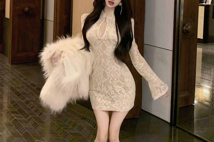 Long Sleeve Stand Collar Cutout Lace Bodycon Mini Dress Product Image