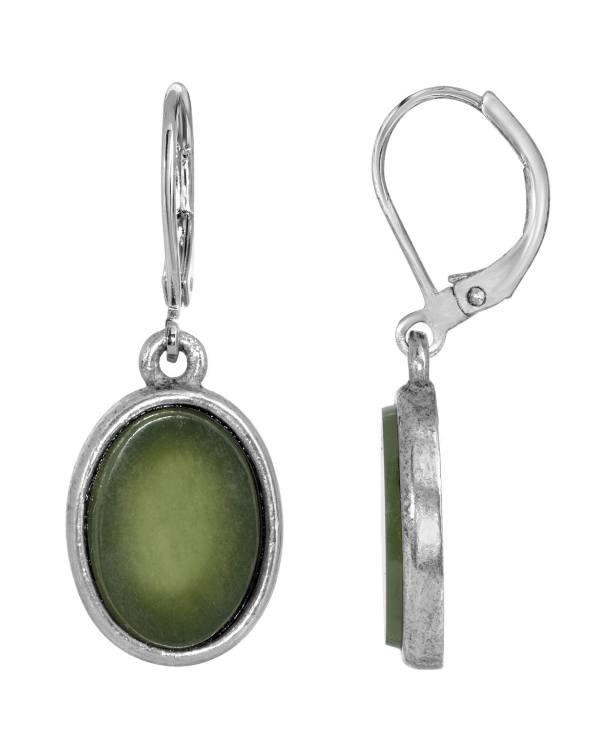 1928 Silver Tone Stone Oval Drop Earrings, Womens, Green Product Image