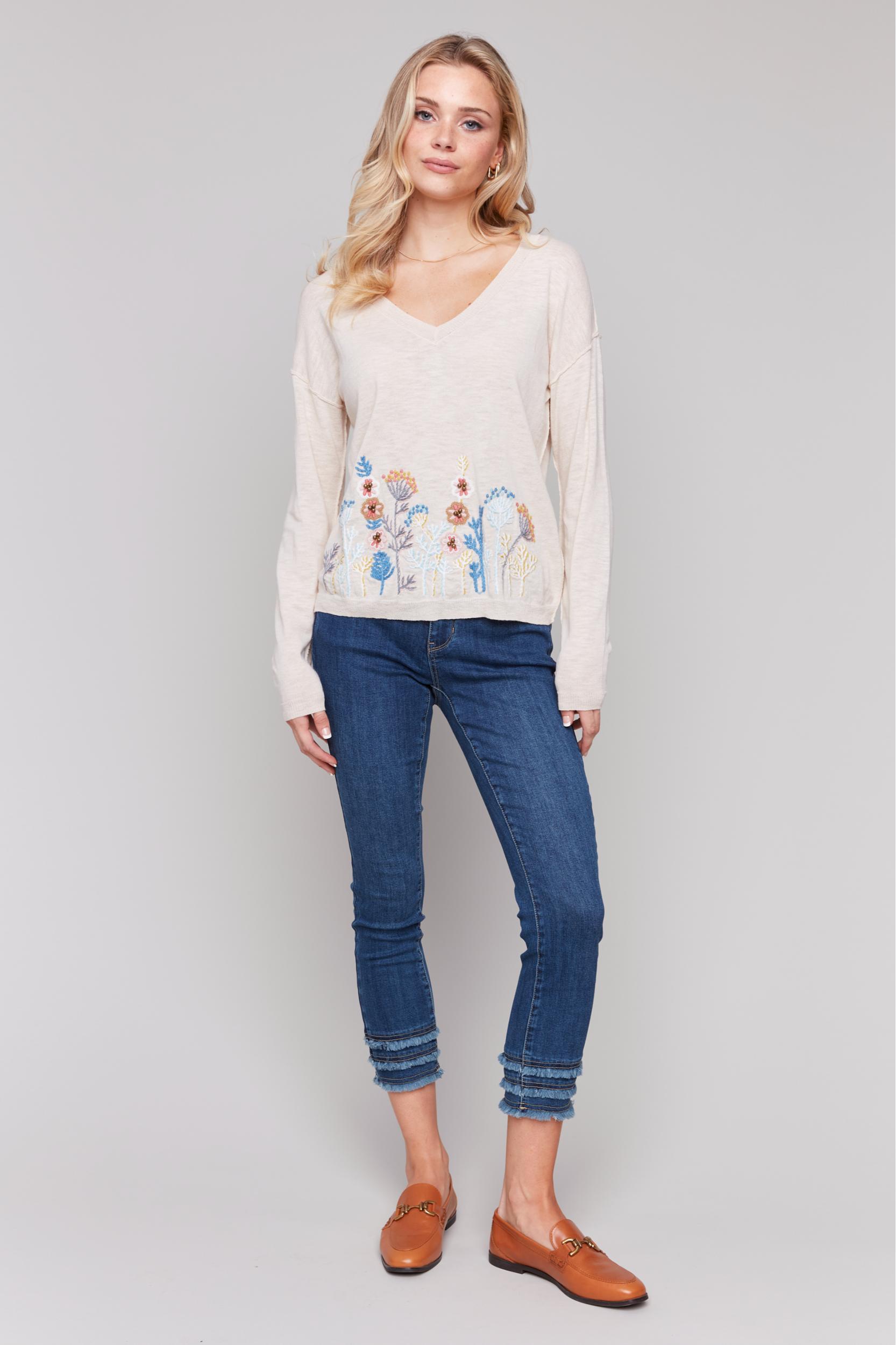 Floral Border Embroidered V-Neck Lightweight Sweater Product Image