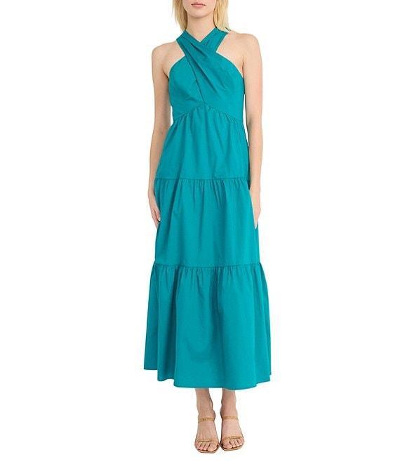 Donna Morgan Poplin Halter Neck Sleeveless A-Line Midi Dress Product Image