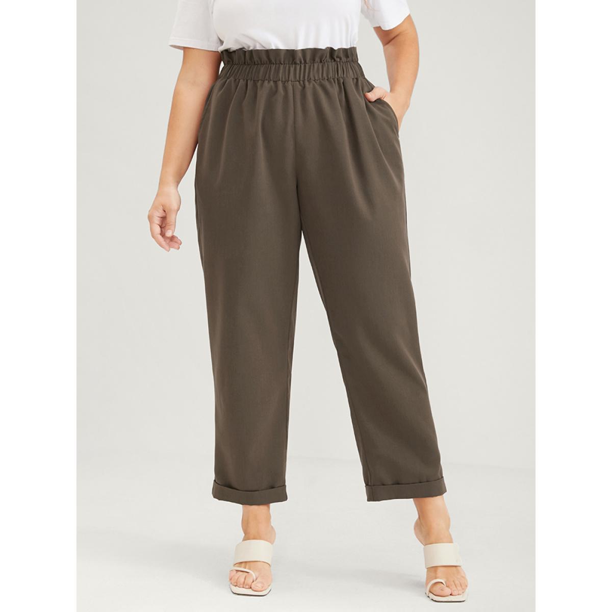 Plus Size Plain Elastic Waist Pocket Paperbag Waist Pants Women DarkBrown Elegant High Rise Dailywear Pants BloomChic 14-16/1X Product Image