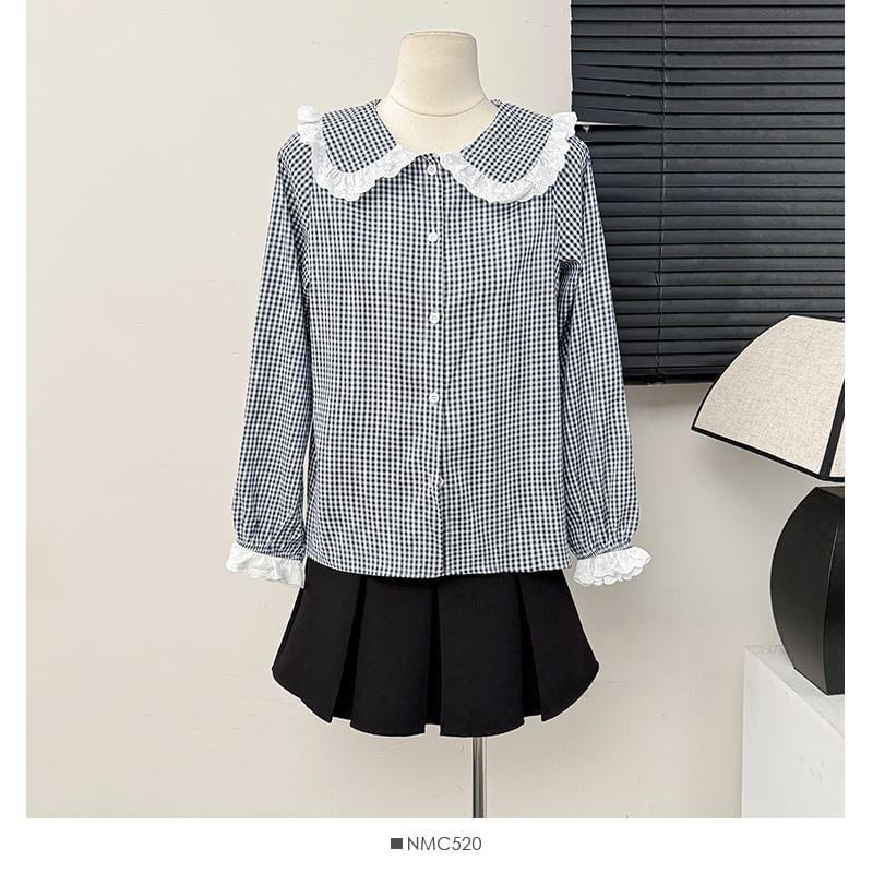 Gingham Peter Pan-Collar Loose Shirt Product Image