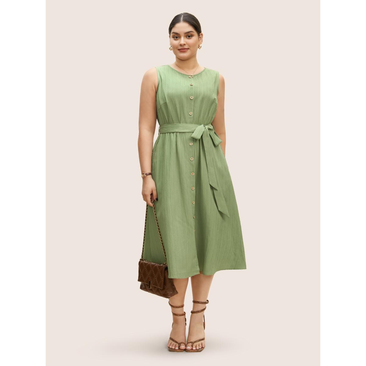 Plus Size Plain Textured Crew Neck Button Detail Midi Dress Palemauve Women Work From Home Belted Round Neck Sleeveless Curvy BloomChic 28/5X Product Image