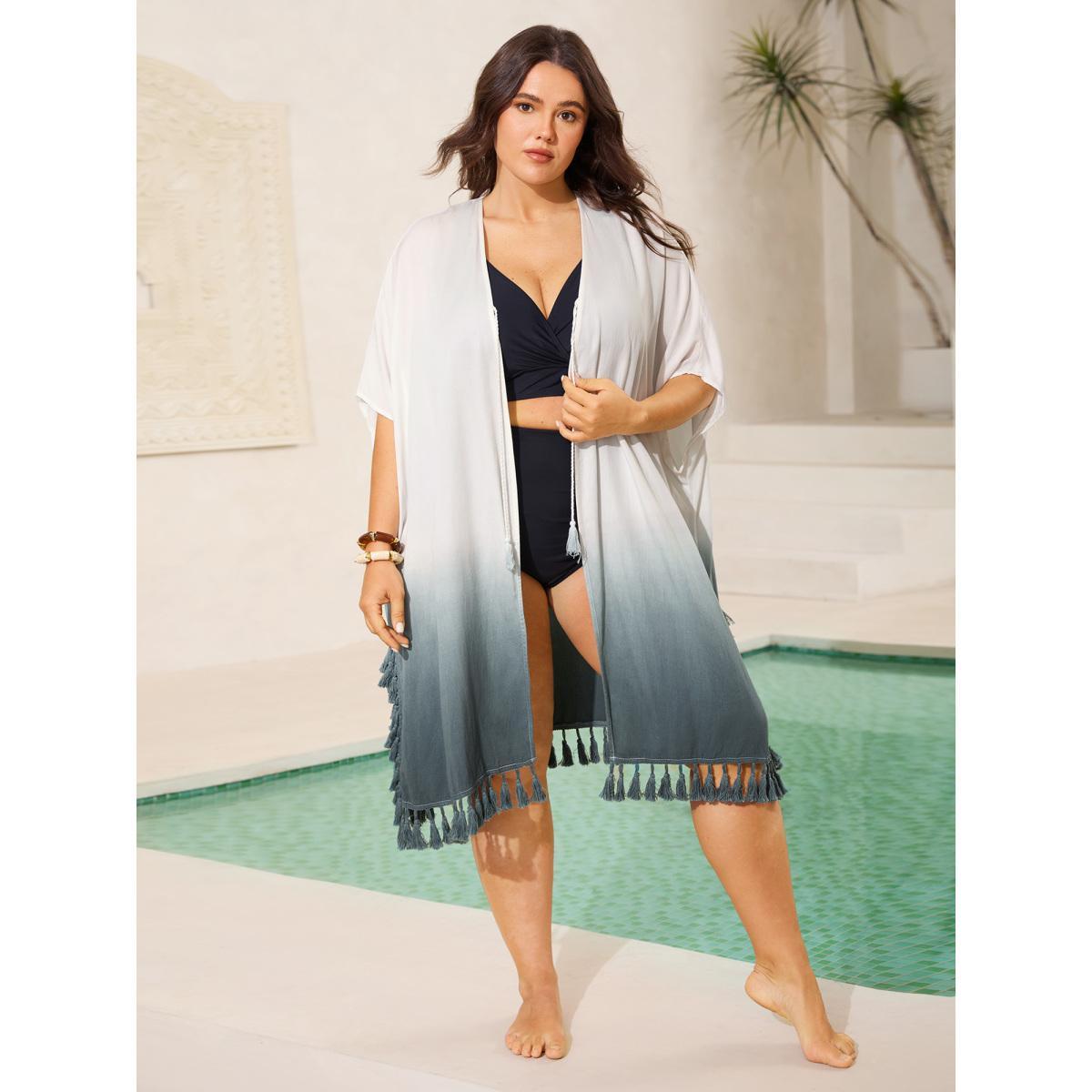 Plus Size Ombre Gradient Tassels Hem Kimono Women Aegean Tie knot Loose Vacation Kimonos BloomChic 30/6X Product Image