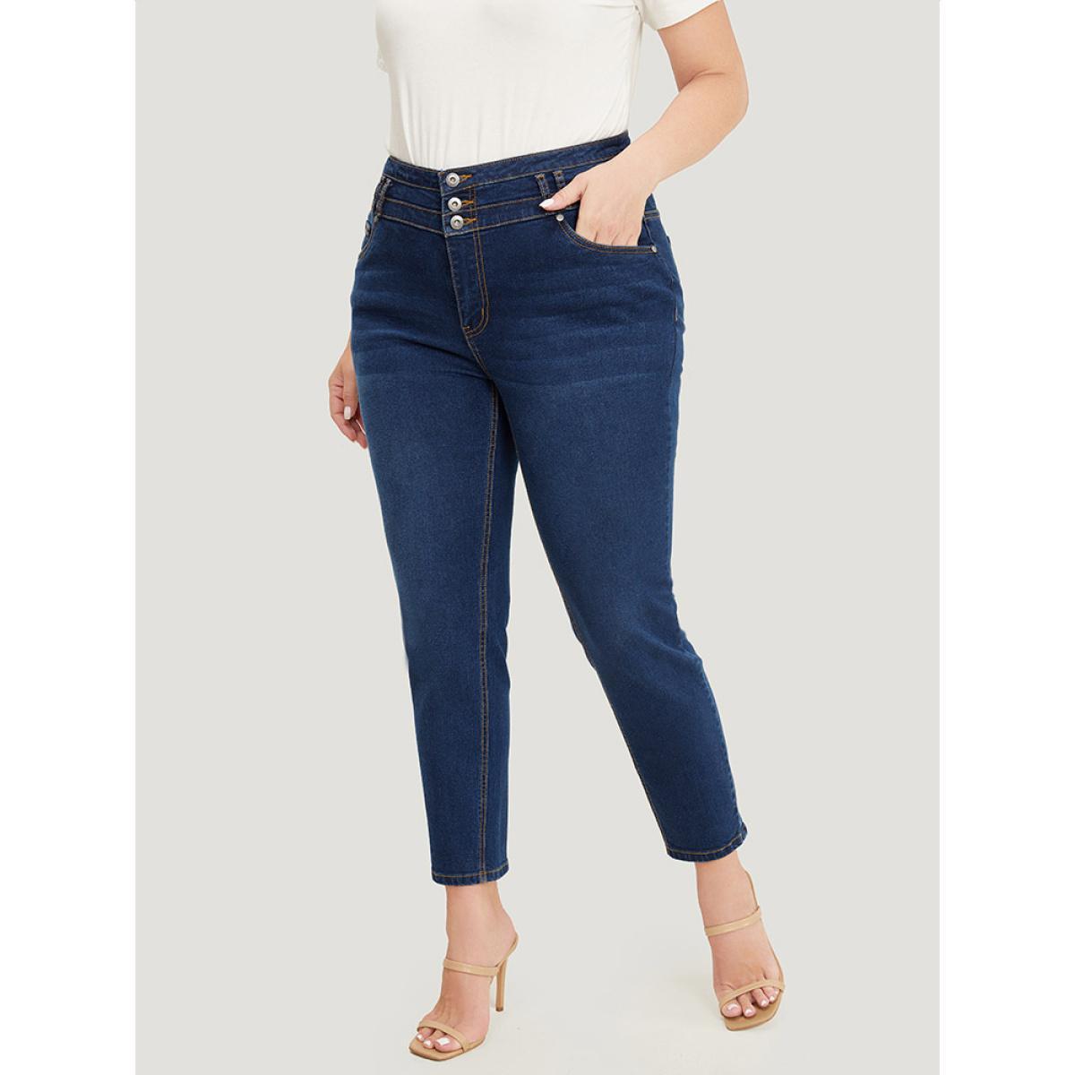 Plus Size Very Stretchy High Rise Dark Wash Layered Contrast Stitch Jeans Women DarkBlue Casual Plain Button High stretch Pocket Jeans BloomChic 30/6X Product Image