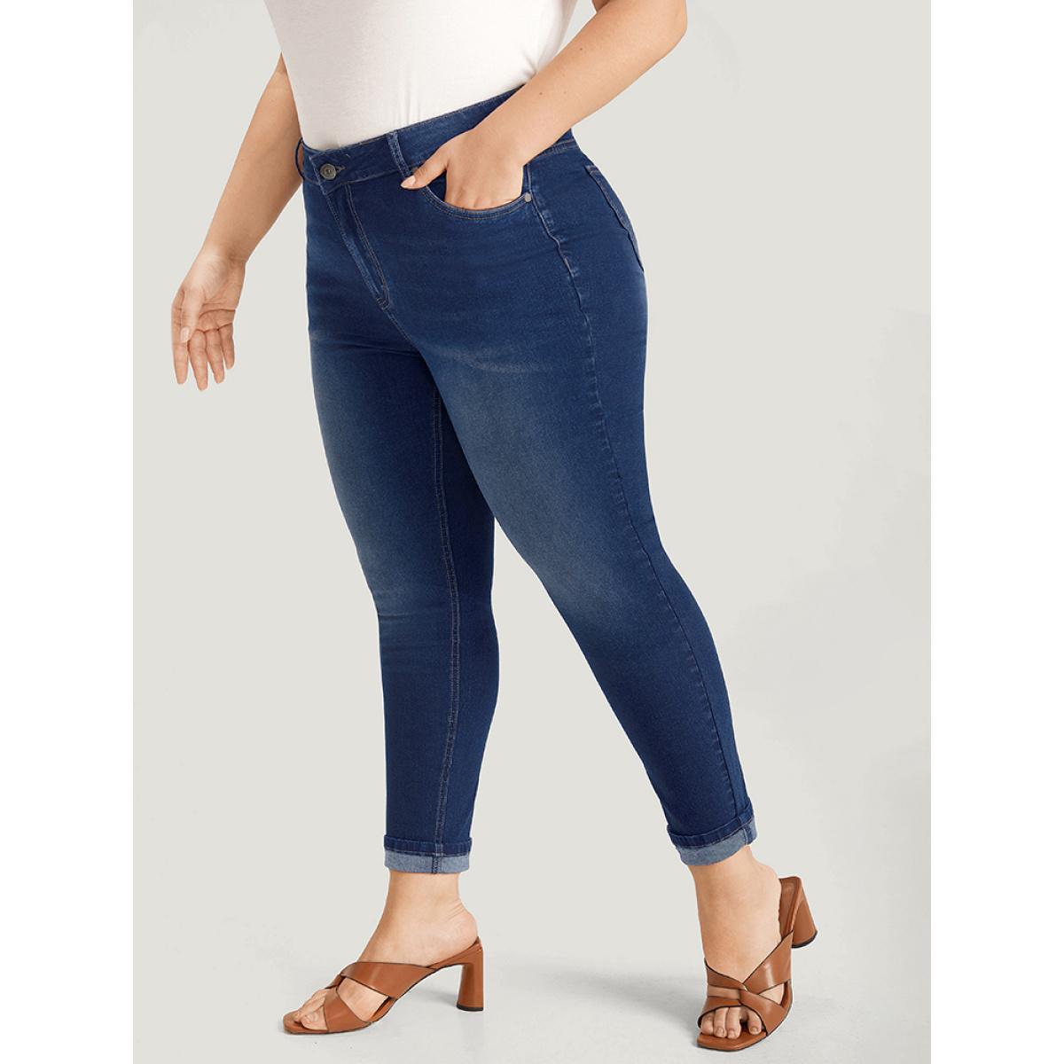 Plus Size Very Stretchy Pocket Dark Wash Roll Hem Jeans Women DarkBlue Casual Plain Roll Hem High stretch Pocket Jeans BloomChic 10/M Product Image