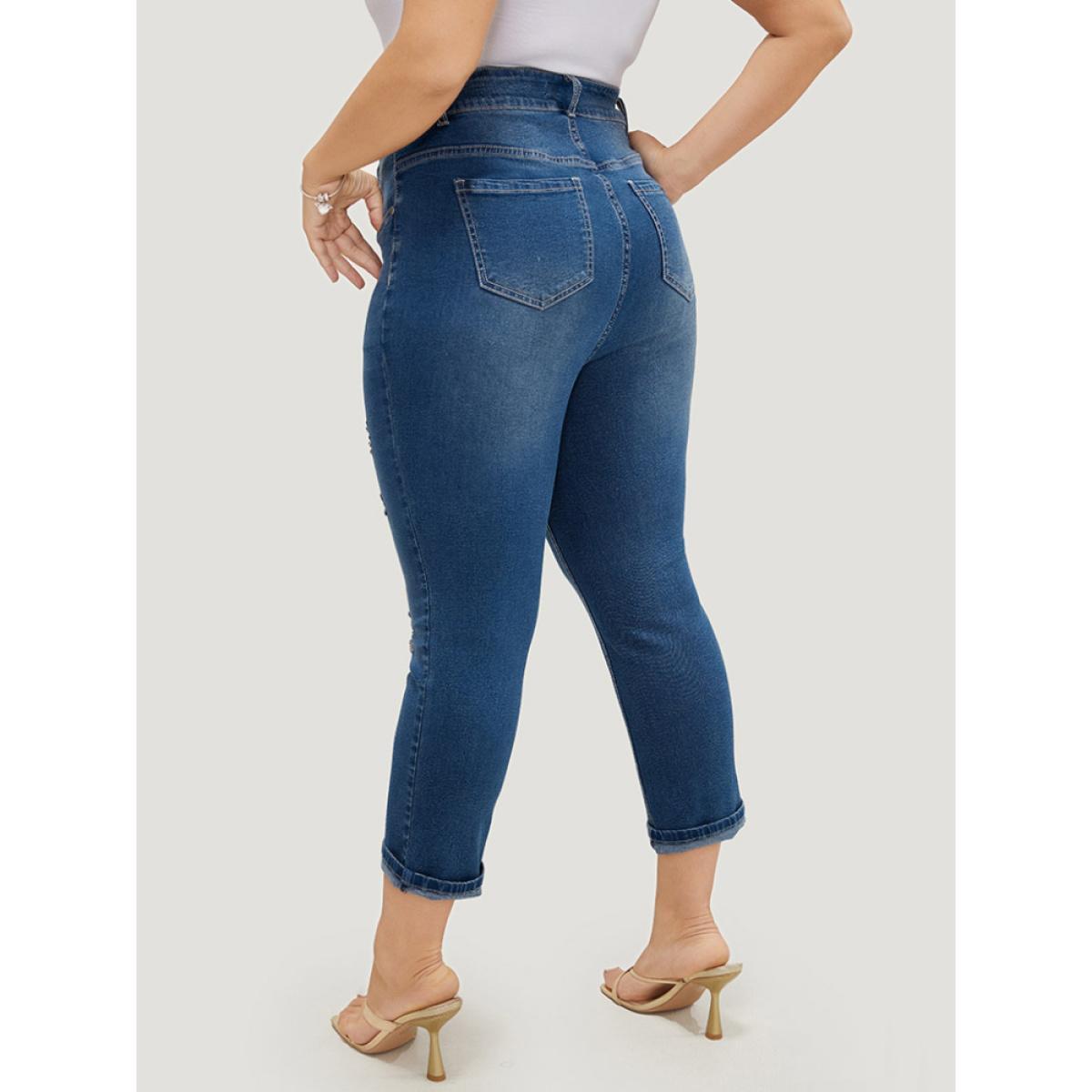 Plus Size Very Stretchy High Rise Dark Wash Ripped Detail Cropped Jeans Women Blue Casual Plain High stretch Jeans BloomChic 14/1X Product Image