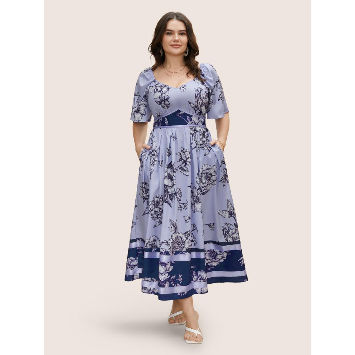 Plus Size Boho Print Heart Neckline Ruffle Sleeve Maxi Dress Mediumblue Women Elegant Woven ribbon&lace trim Square Neck Short sleeve Curvy BloomChic 28/5X Product Image