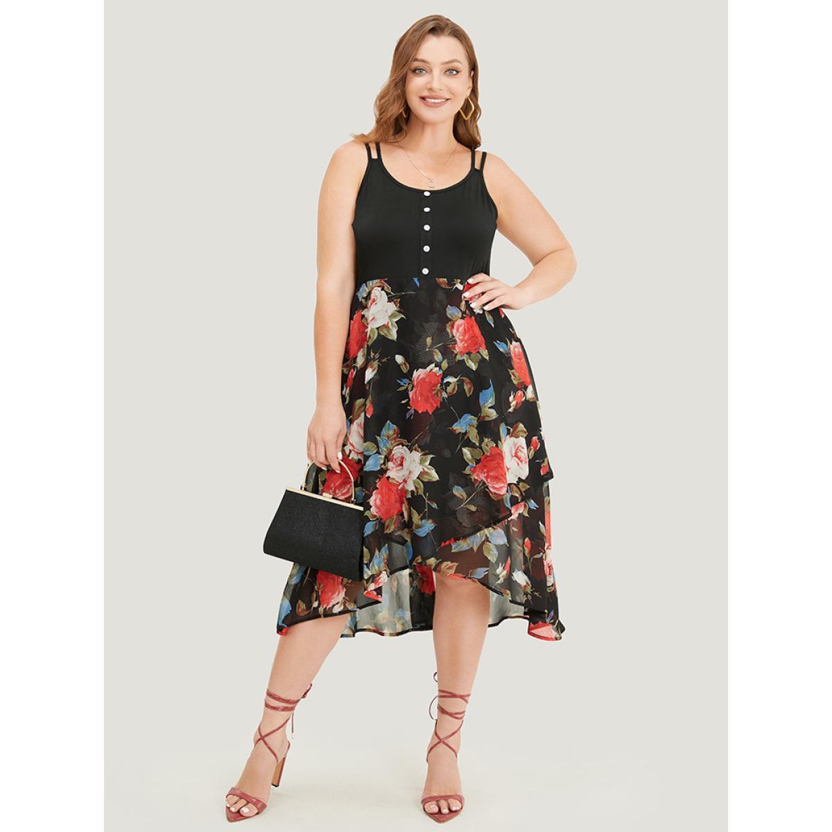 Plus Size Floral Patchwork Button Detail Pocket Cami Dress Black Women Elegant Patchwork Round Neck Sleeveless Curvy Midi Dress BloomChic 18-20/2X Product Image