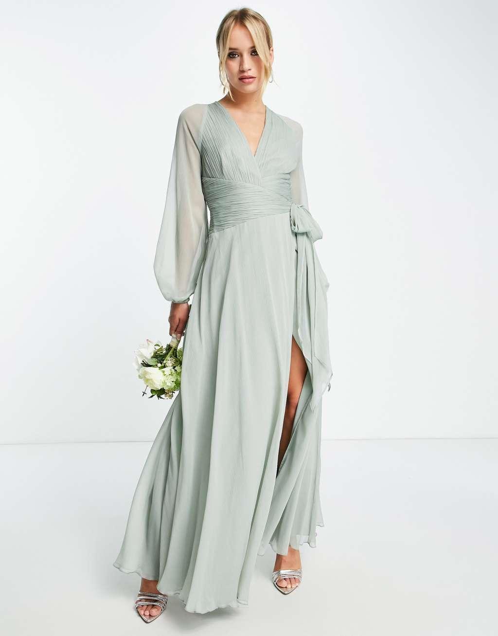 ASOS DESIGN Bridesmaid long sleeve ruched maxi dress with wrap skirt Product Image