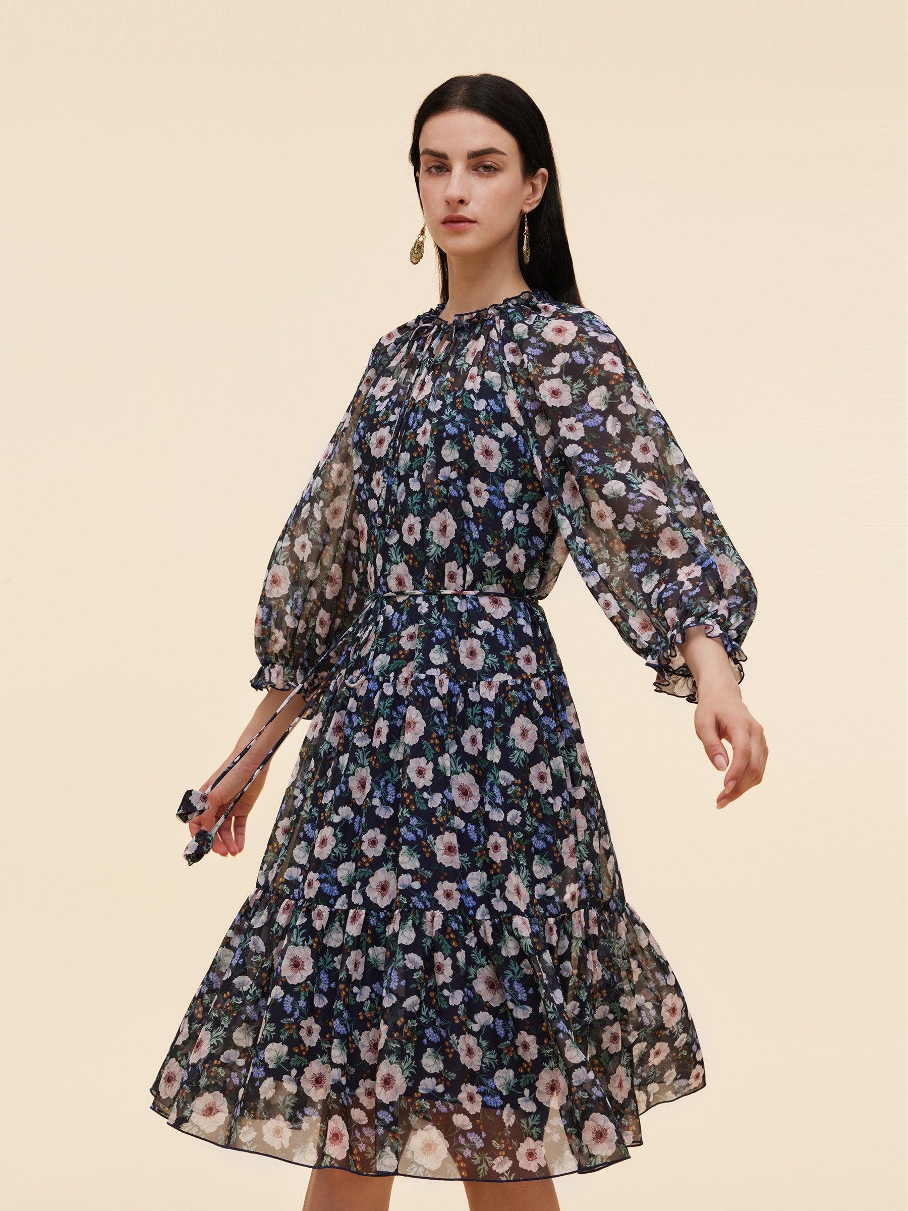10MM Mulberry Silk Floral Print Women Ruffle Collar Midi Dress Product Image