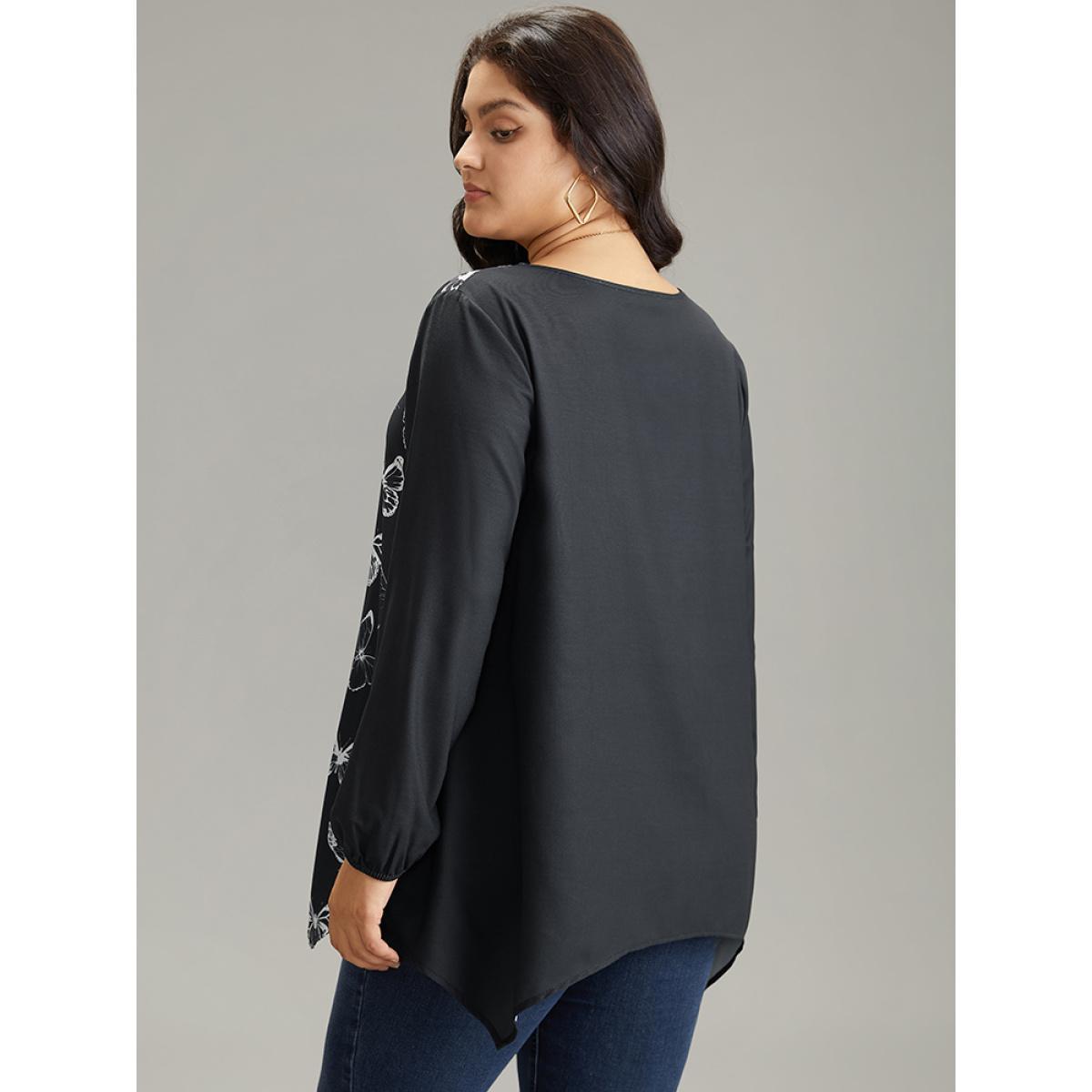 Plus Size Black Butterfly Crew Neck Lantern Sleeve Hanky Hem Blouse Women Elegant Long Sleeve Round Neck Work Blouses BloomChic 30/6X Product Image