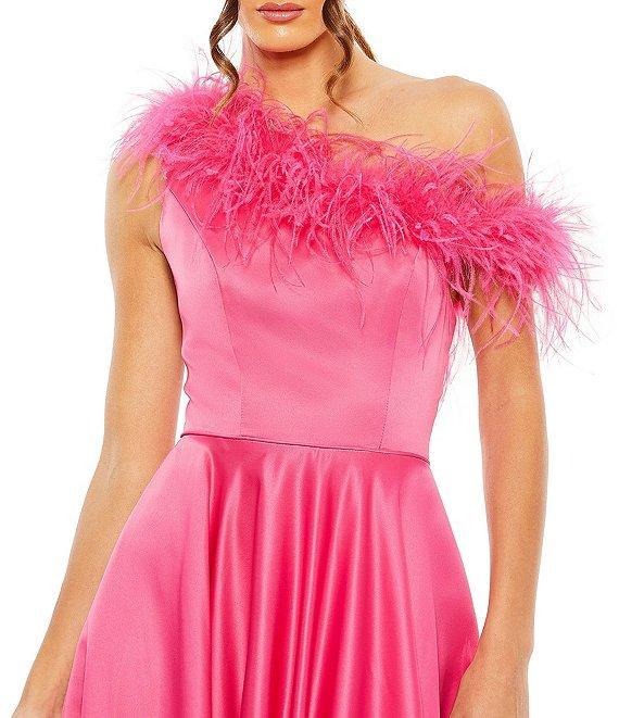 Mac Duggal Satin One Shoulder Sleeveless Feather Trim Gown Product Image