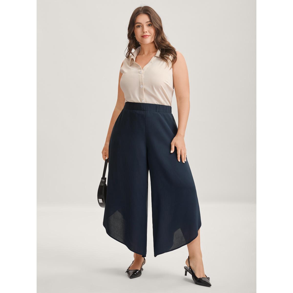 Plus Size Sheer Lace Petal Hem Wide-Leg Pants Women Indigo At the Office Wide Leg Mid Rise Work Pants BloomChic 18-20/2X Product Image