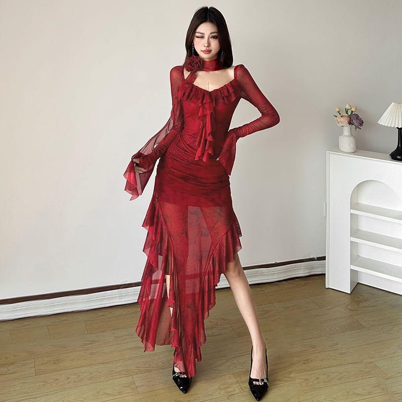 Long-Sleeve V-Neck Tie Dye Asymmetrical Ruffle Trim Mesh Maxi Bodycon Dress Product Image