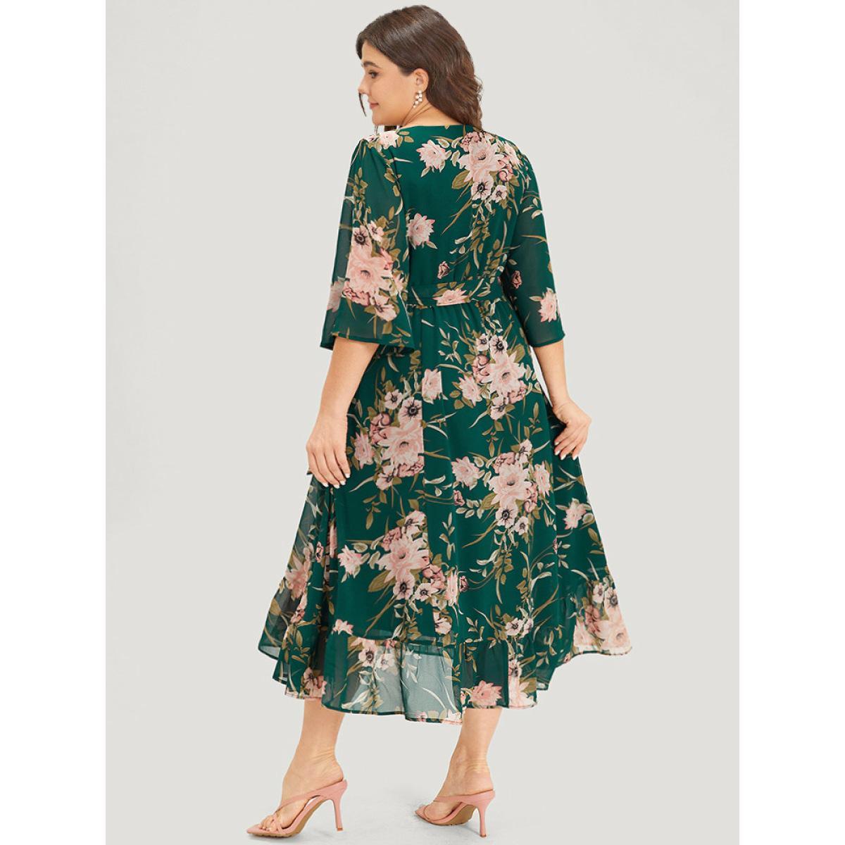 Plus Size Floral Print Surplice Neck Belted Dress DarkGreen Women Elegant Lined V-neck Elbow-length sleeve Curvy Midi Dress BloomChic 26/4X Product Image