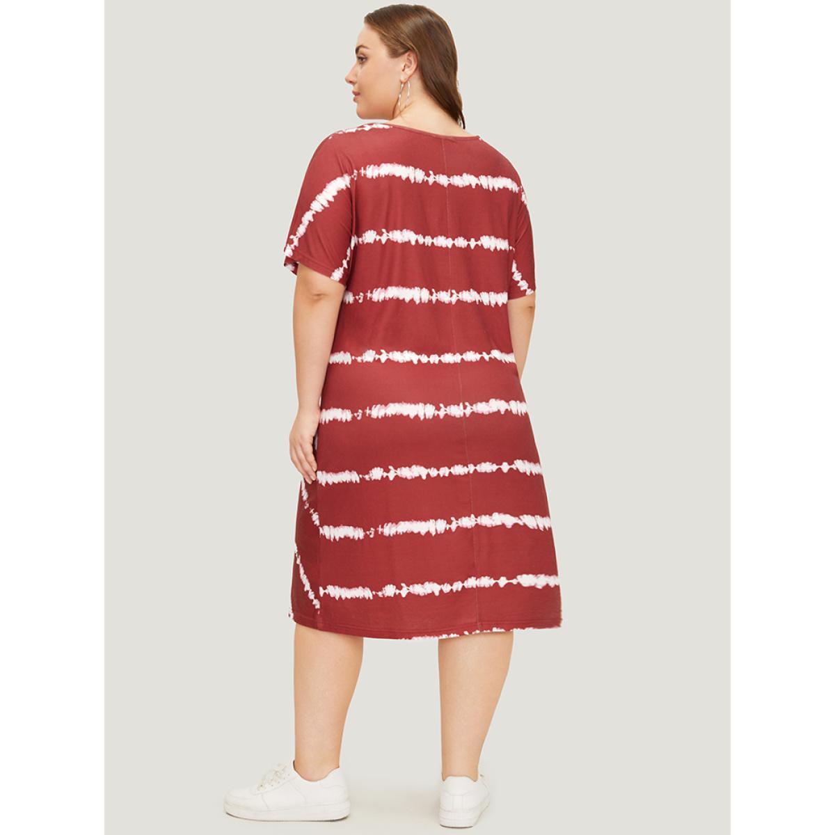 Plus Size Striped Print Batwing Sleeve Knot Front Tie Dye Dress Burgundy Women Casual Cross straps Round Neck Short sleeve Curvy Knee Dress BloomChic 10/M Product Image