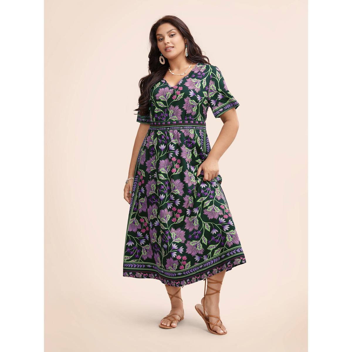 Plus Size Boho Print Shirred Pocket Midi Dress Cyan Women Resort Shirred V-neck Short sleeve Curvy BloomChic 30/6X Product Image