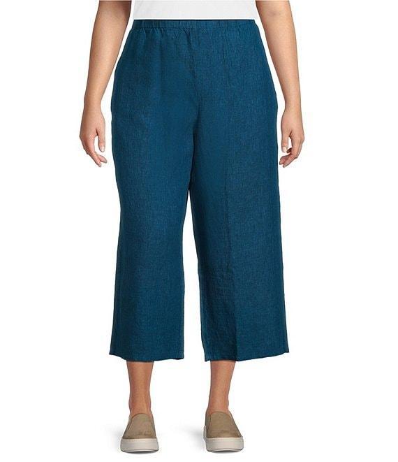 Eileen Fisher Plus Size Washed Organic Linen Elastic Waist Wide Leg Cropped Pants Product Image