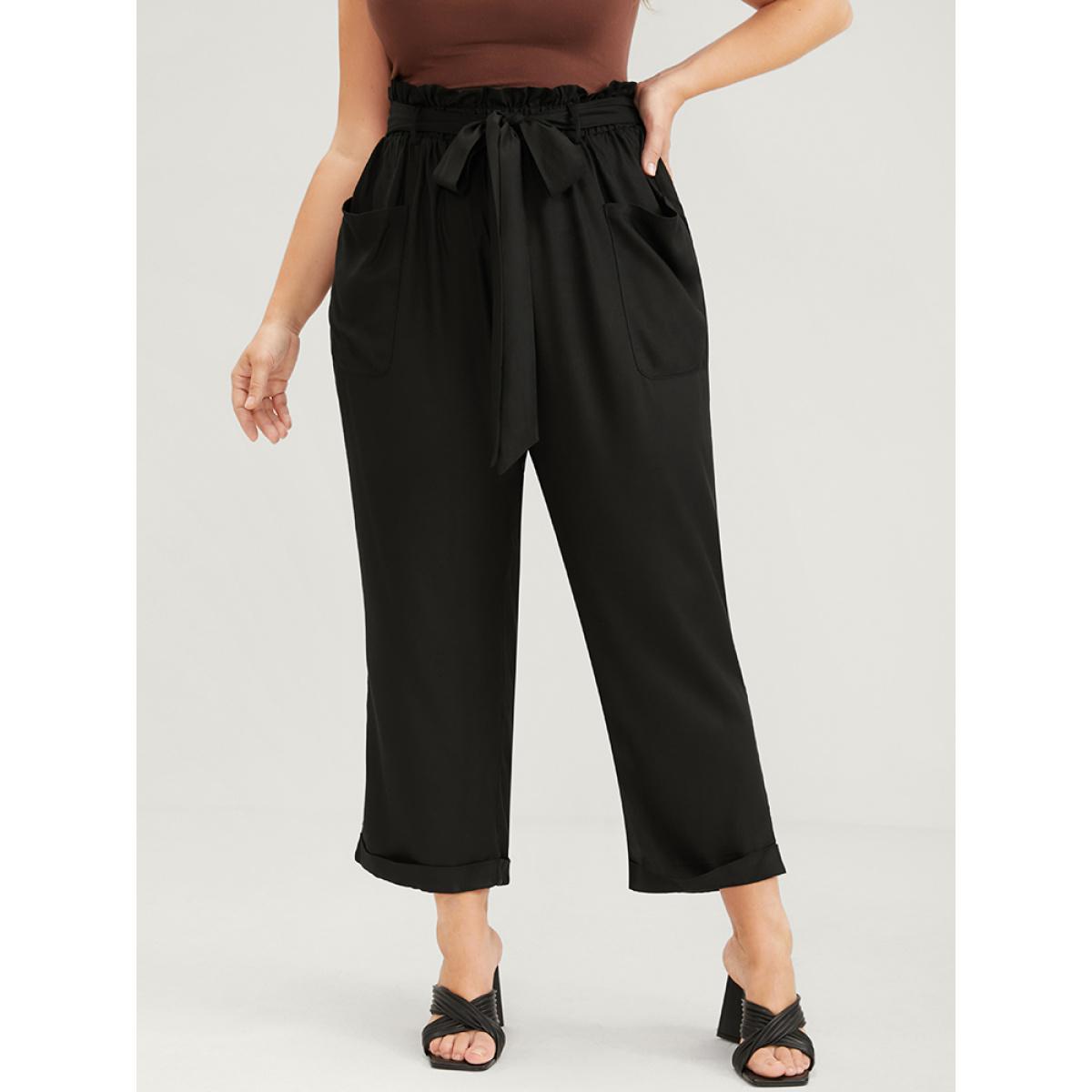 Plus Size Solid Pocket Front Paperbag Waist Belted Pants Women Black Casual High Rise Dailywear Pants BloomChic 30/6X Product Image