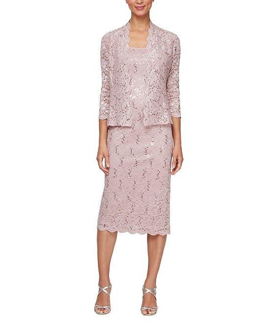 Ignite Evenings 3/4 Sleeve Square Neck Sequin Lace 2-Piece Jacket Midi Dress Product Image