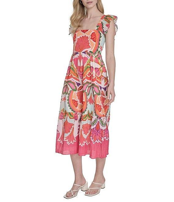 Vince Camuto Printed Square Neck Sleeveless Tiered Midi Dress Product Image