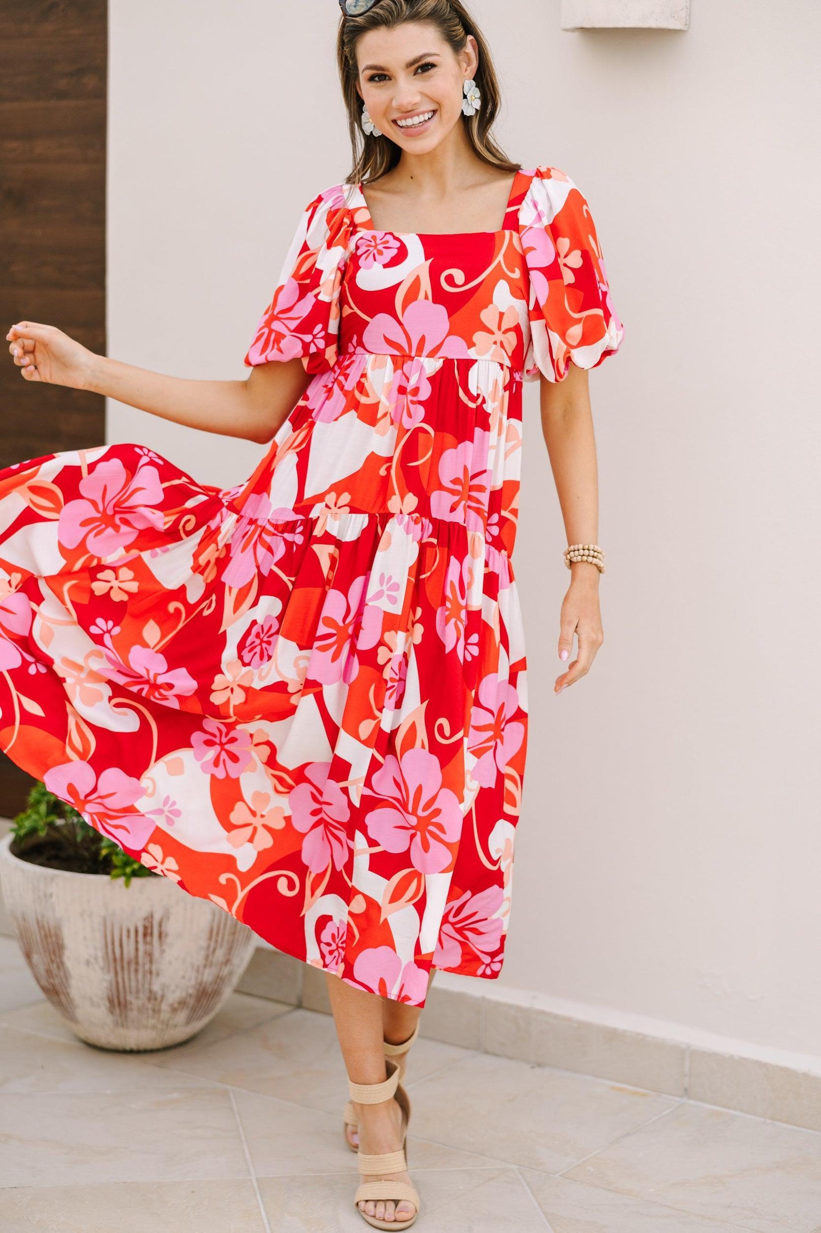 It's All For You Red Floral Midi Dress Female Product Image