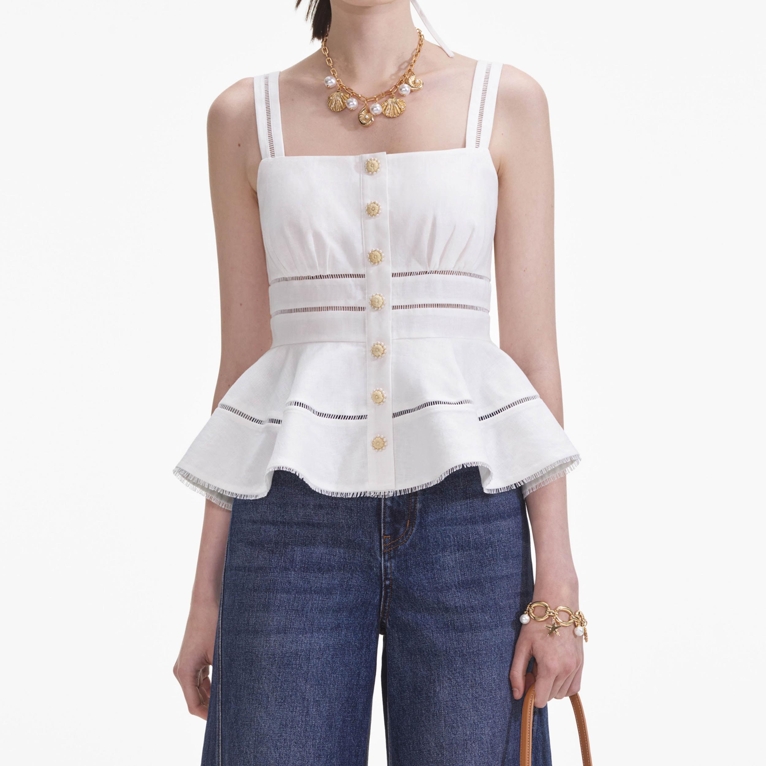 White Linen Peplum Top Product Image