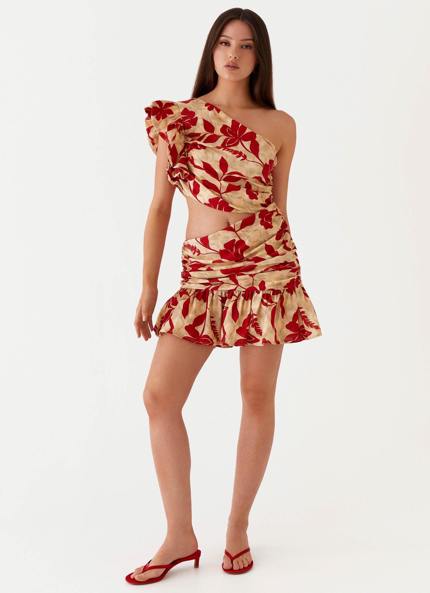 Maisie Linen Mini Dress - Red Green Floral Product Image