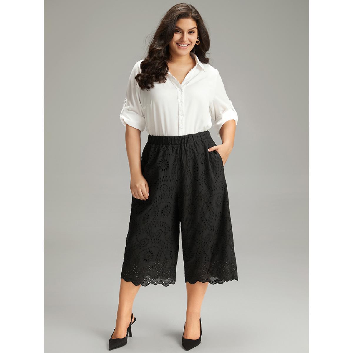 Plus Size Solid Broderie Anglaise Scalloped Trim Cropped Pants Women Black Elegant Straight Leg High Rise Dailywear Pants BloomChic 18-20/2X Product Image