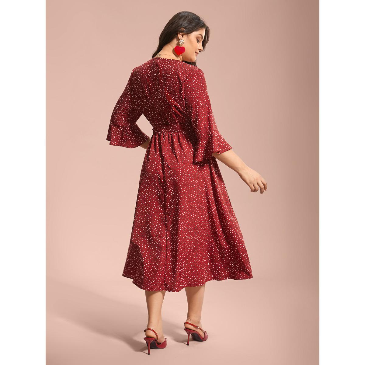Plus Size Polka Dots Waist-Tie Ruffled Midi Dress Scarlet Women Elegant Overlapping V-neck Elbow-length sleeve Curvy BloomChic 26/4X Product Image