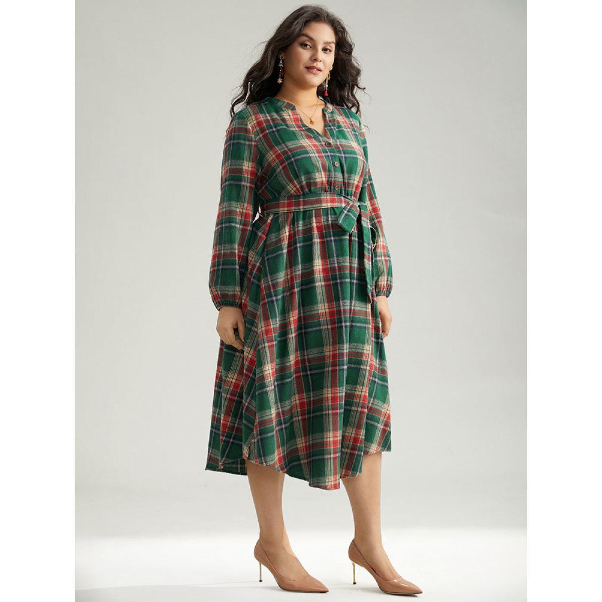 Plus Size Plaid Notched Belted Pocket Curved Hem Dress Emerald Women Office Elastic cuffs Notched collar Long Sleeve Curvy Midi Dress BloomChic 30/6X Product Image