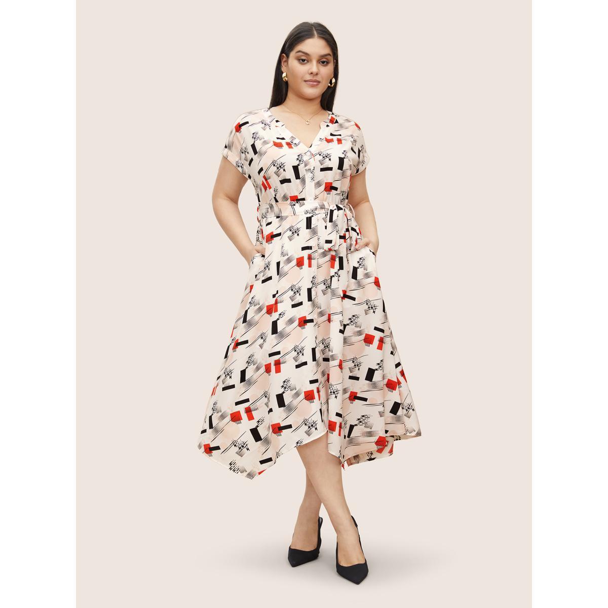 Plus Size Geometric Flat Collar With V Notch Batwing Sleeve Dress Multicolor Women At the Office Belted Flat collar with V-notch Short sleeve Curvy Midi Dress BloomChic 14-16/1X Product Image