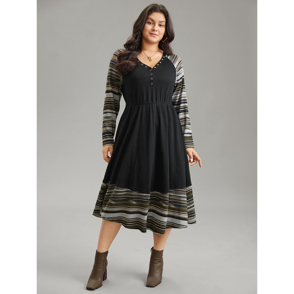 Plus Size Striped Raglan Sleeve Patchwork Elastic Waist Dress Black Women Casual Printed V-neck Long Sleeve Curvy Midi Dress BloomChic 30/6X Product Image