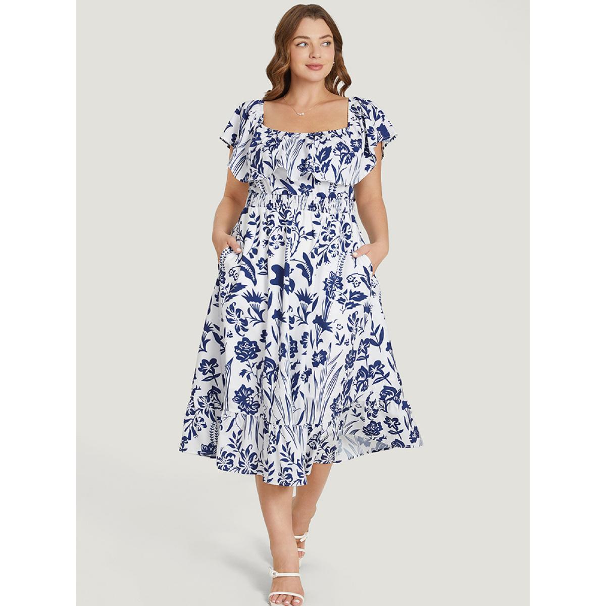 Plus Size Floral Ruffle Trim Square Neck Shirred Pocket Dress Blue Women Elegant Lined Square Neck Short sleeve Curvy Midi Dress BloomChic 12/L Product Image