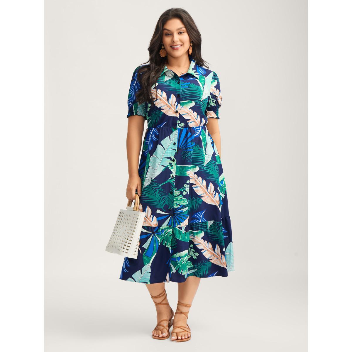 Plus Size Tropical Print Stretchy Waist Pockets Midi Dress Indigo Women Shirt collar Short sleeve Curvy BloomChic 22-24/3X Product Image