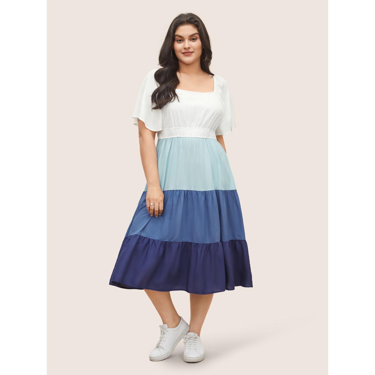 Plus Size Supersoft Essentials Colorblock Contrast Gathered Dress Multicolor Women Casual Contrast Square Neck Short sleeve Curvy Midi Dress BloomChic 30/6X Product Image