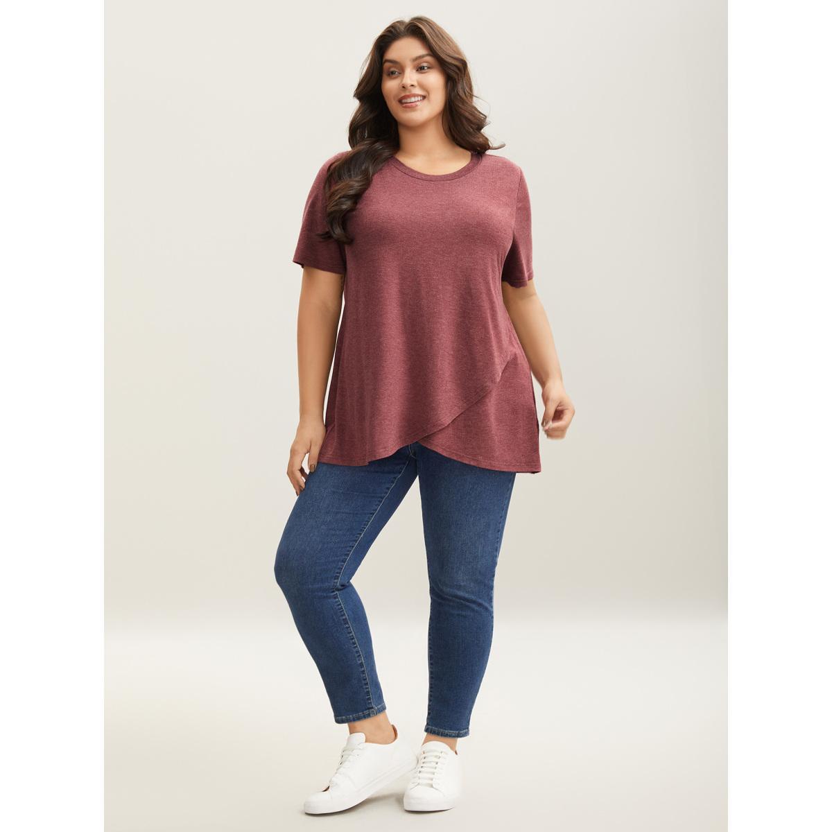Plus Size Heather Stretchy Overlap Hem Plain T-Shirt Russet Women Overlapping Round Neck Everyday-Casual T-shirts BloomChic 14-16/1X Product Image