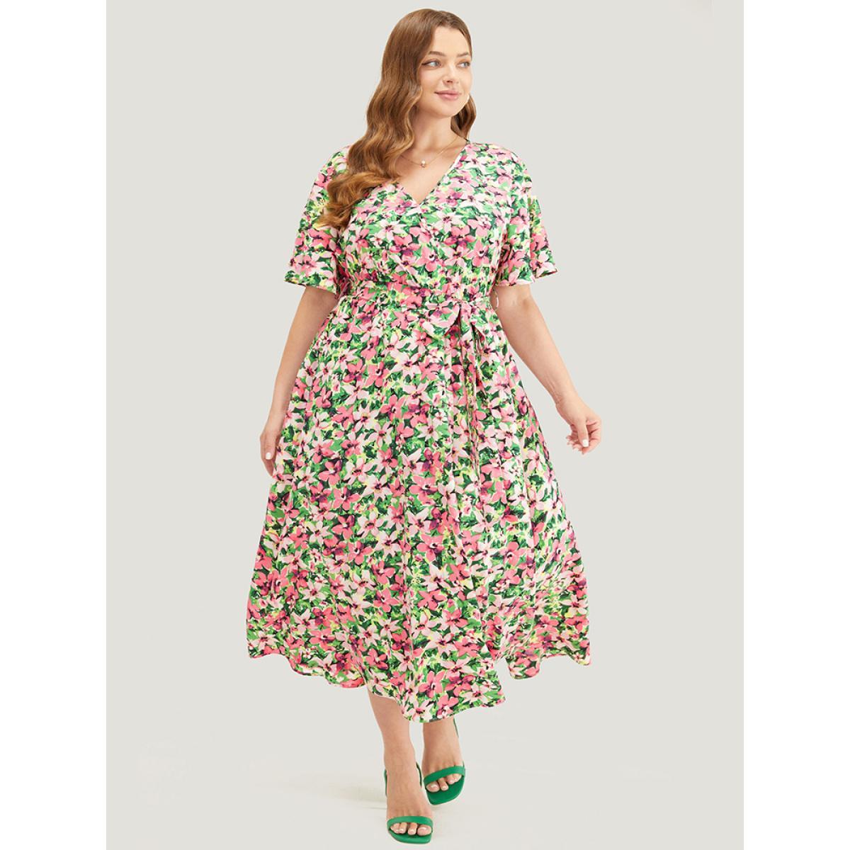 Plus Size Floral Printed Ruffle Sleeve Pocket Surplice Neck Flutter Dress Pink Women Elegant Cross straps V-neck Short sleeve Curvy Midi Dress BloomChic 26/4X Product Image