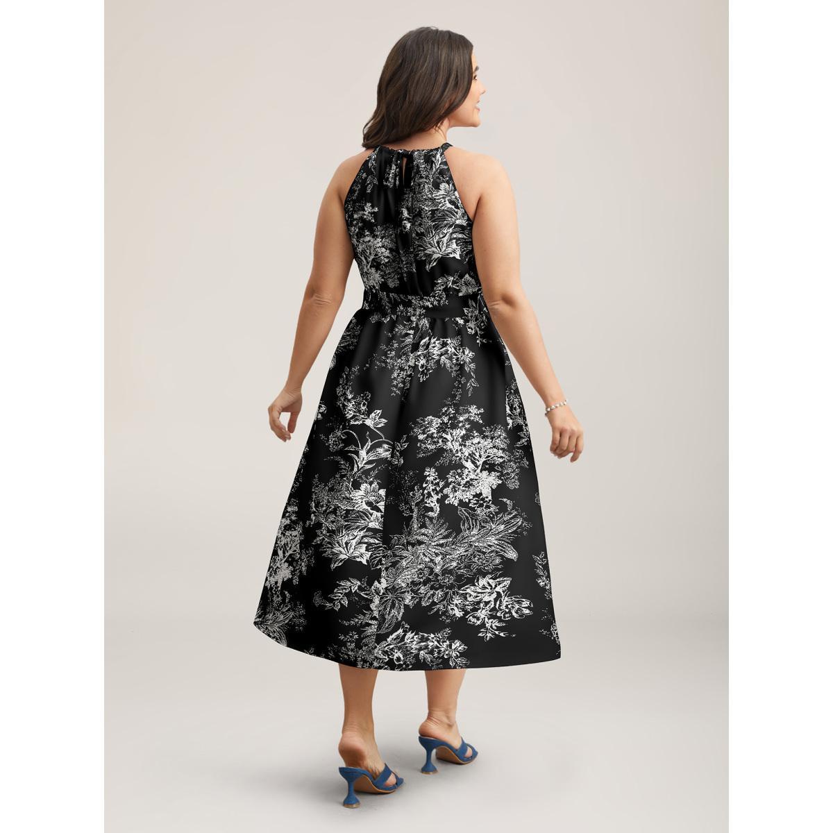 Plus Size Spring Time Florals Sleeveless Midi Dress Black Women Elegant Gathered Halter neck Sleeveless Curvy BloomChic 28/5X Product Image