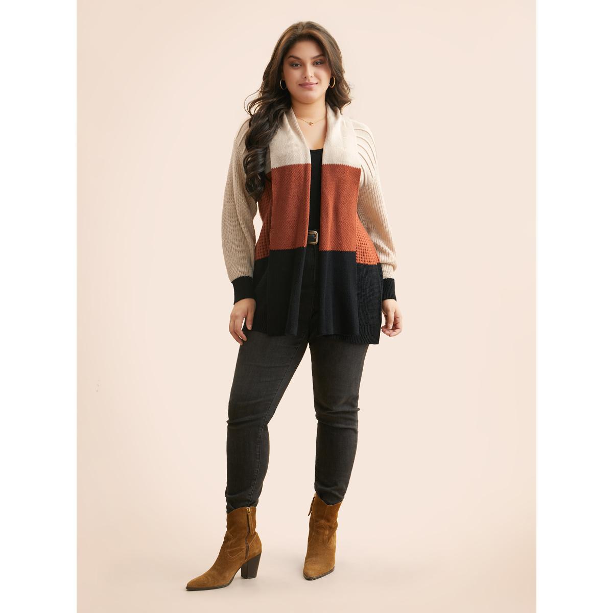 Plus Size Colorblock Contrast Lapel Collar Texture Cardigan Apricot Women Casual Loose Long Sleeve Everyday Cardigans BloomChic 26/4X Product Image