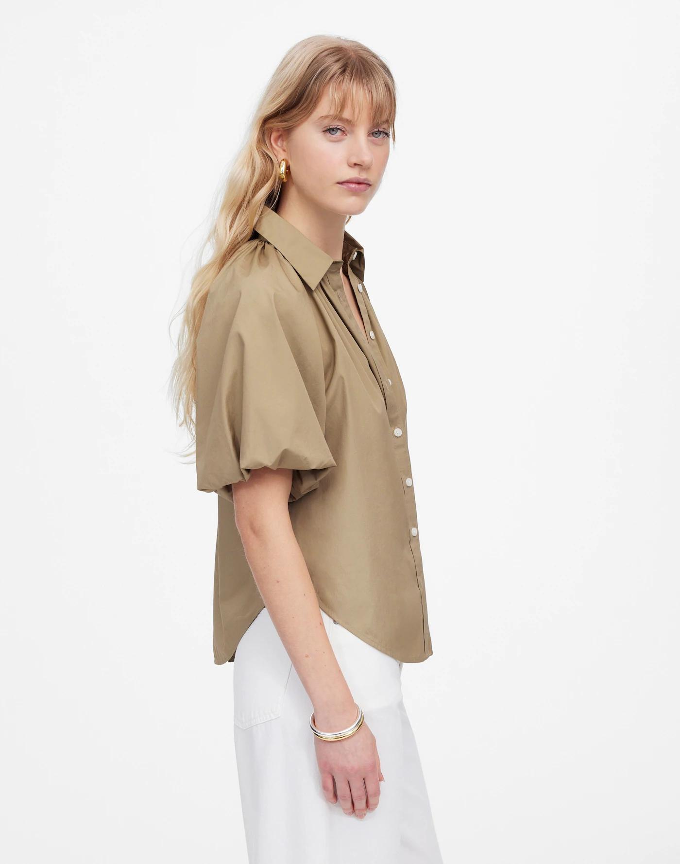 Shirred Bubble-Sleeve Button-Up Shirt Product Image