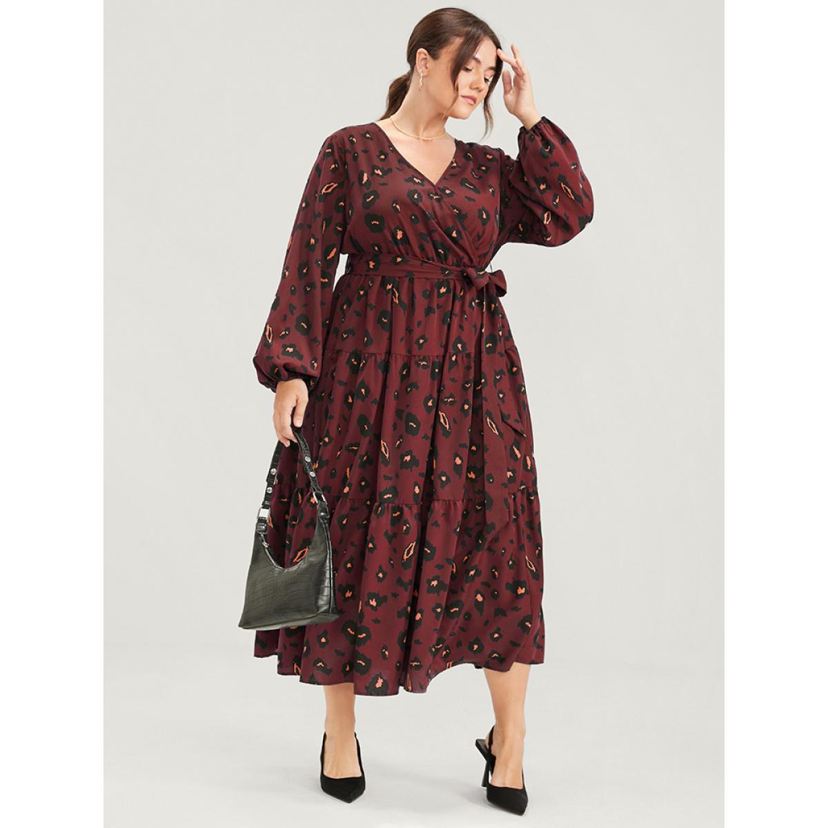 Plus Size Pocket Button Surplice Neck Allover Print Belted Dress Scarlet Women Party Cross straps V-neck Long Sleeve Curvy Long Dress BloomChic 26/4X Product Image