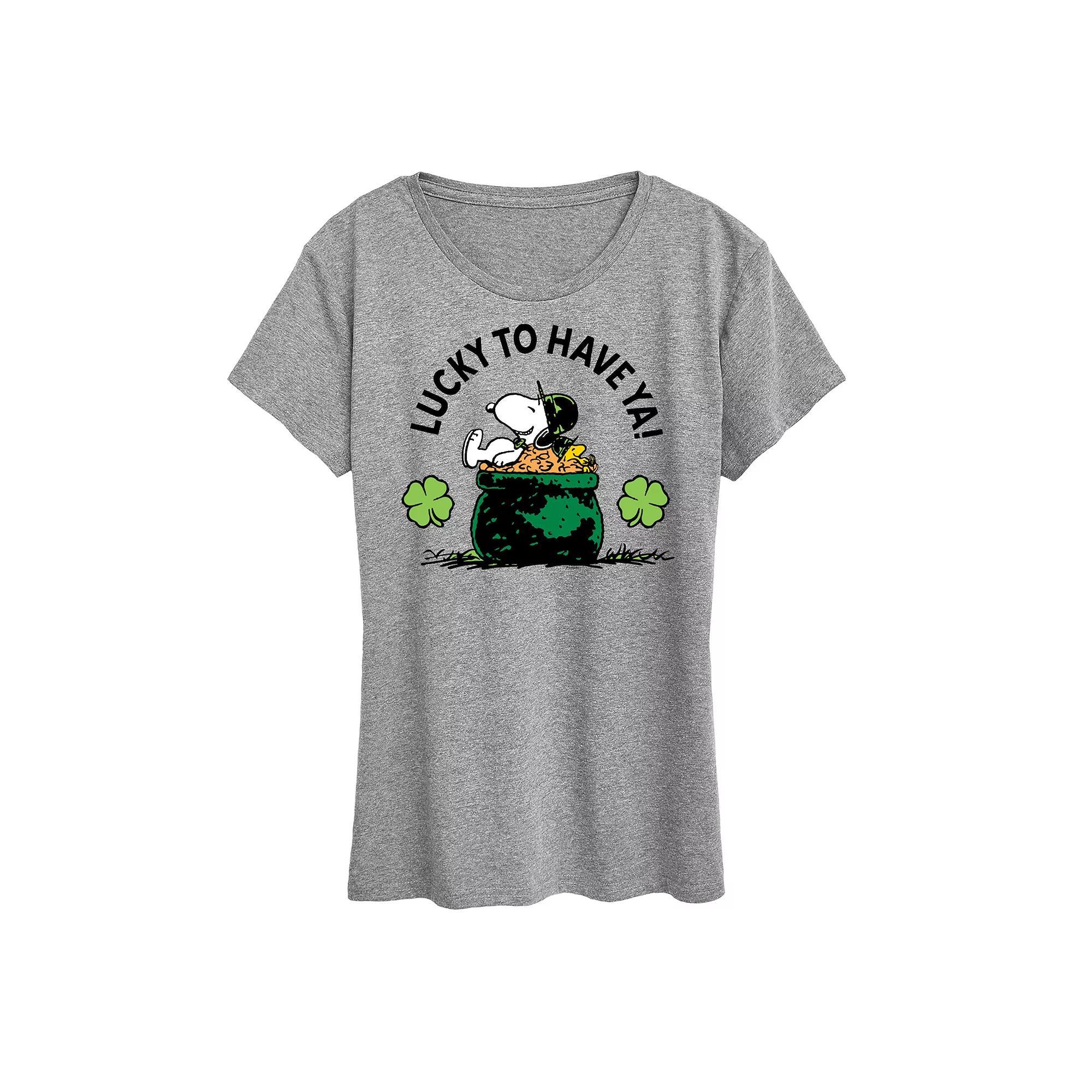 Womens Peanuts Snoopy & Woodstock Lucky To Have Ya Graphic Tee Grey Gray Product Image