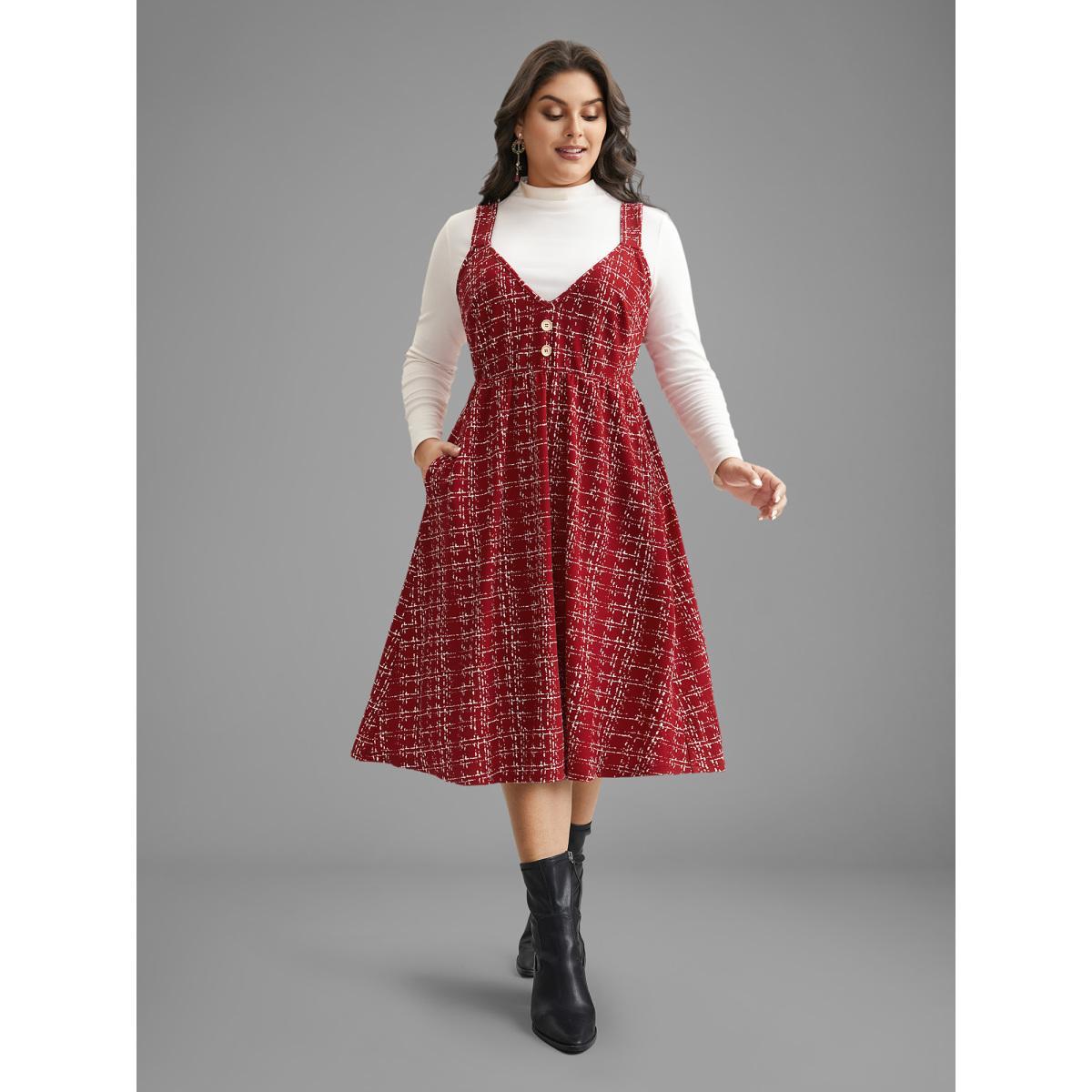 Plus Size Plaid Cami Front Button Midi Dress Scarlet Women Elegant Button Deep V-neck Sleeveless Curvy BloomChic 22-24/3X Product Image